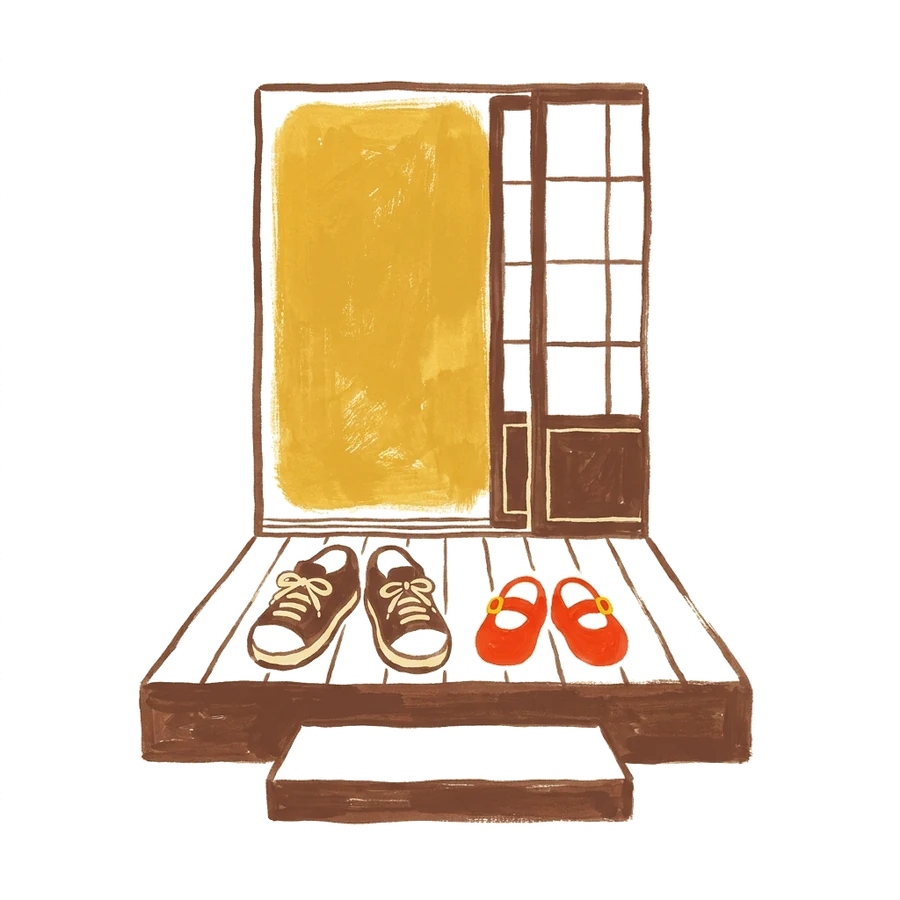 Illustration of a genkan: a raised wooden step inside the front door, with two pairs of shoes left on it.
